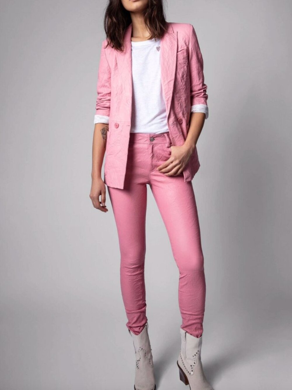 $798 Zadig & Voltaire Pink Crinkled Leather Visko Blazer Jacket size 2